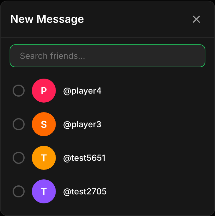 The New Message modal: a friend search, selectable friends with avatars, and a Message button.