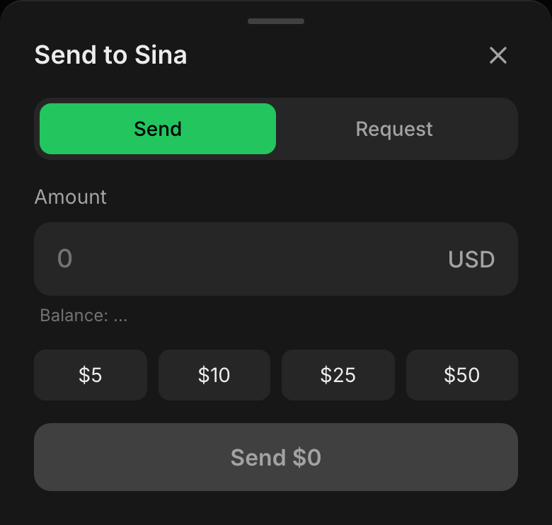The in-chat payment sheet: a Send and Request toggle, an empty amount field, quick-amount chips, and a Send button.