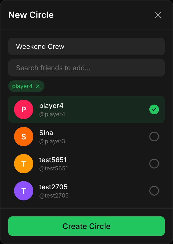 The New Circle modal: a circle name field and a friend picker to add members, with a Create Circle button.