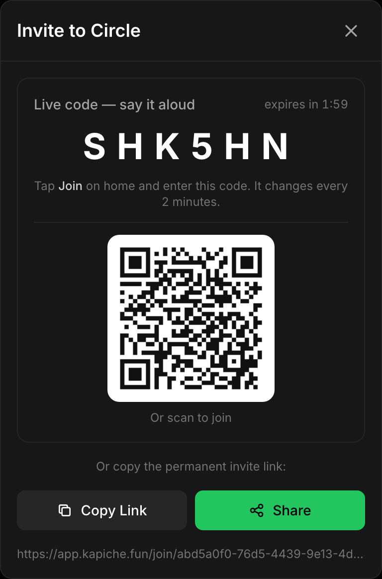 The Invite to Circle modal: a live join code, a scan-to-join QR, Copy Link and Share buttons, and a permanent invite link.