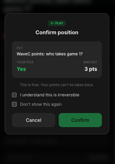 The points position-confirm modal showing the PLAY badge and a points amount.
