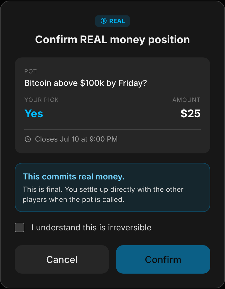 The real-money confirm modal reading Confirm REAL money position, peer-to-peer, no escrow.