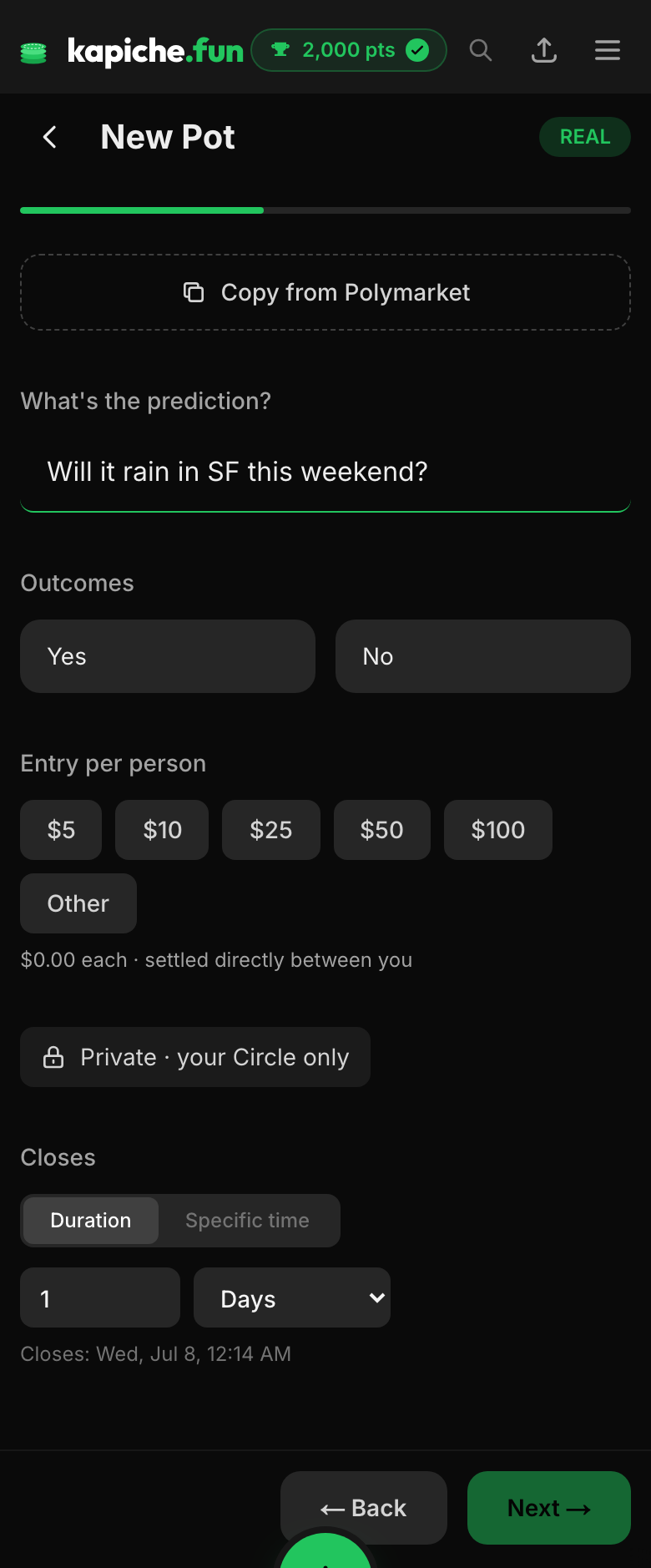 The create-a-pot wizard in the real-money lane: a REAL badge, USDC stake presets, a referee picker, and a Private to your Circle only note.