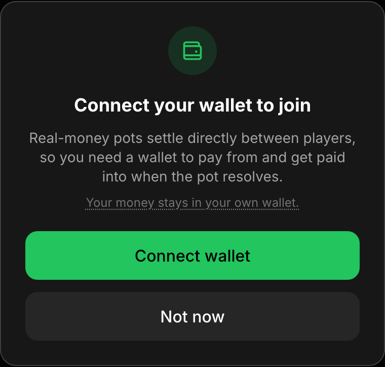 A Connect your wallet to join modal explaining real-money pots settle directly between players, with a Connect wallet button and a your money stays in your own wallet note.