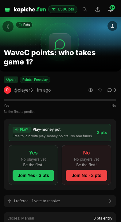 A points pot detail with a green PLAY banner and Join Yes or No buttons priced in points.