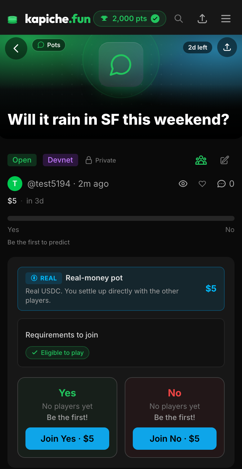 A real-money pot detail with a sky REAL banner, a settle up peer-to-peer note, and 18+ and wallet requirements.