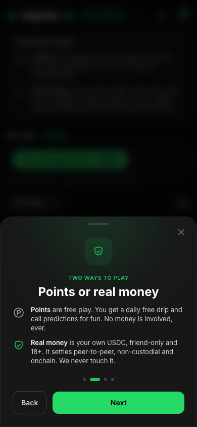 The kapiche onboarding panel explaining points versus real money.