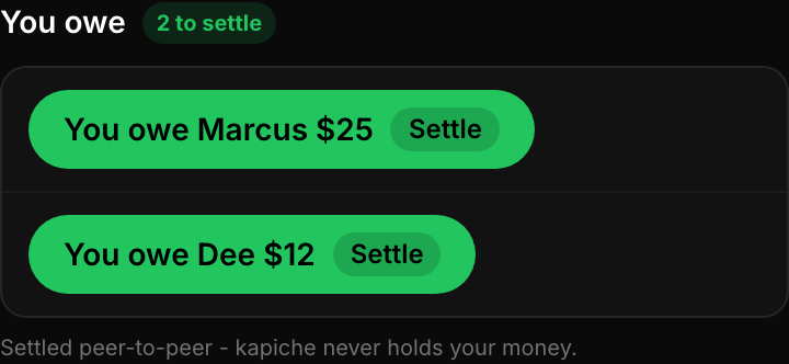 A You owe list with a 2 to settle badge and two debt rows: You owe Marcus $25 and You owe Dee $12, each with a Settle button.