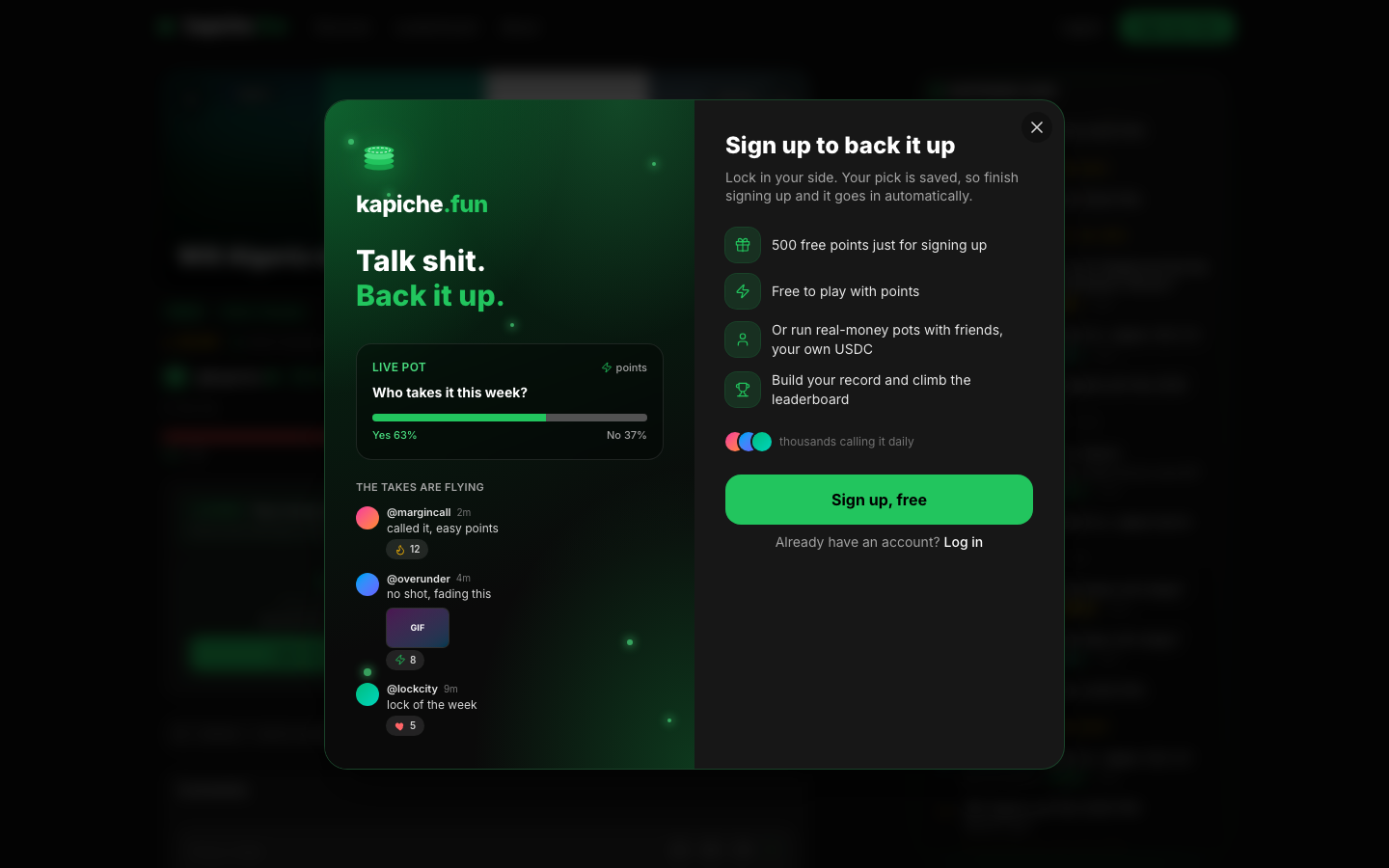 The kapiche signup wall showing the value props and a live feed of takes people are making right now.